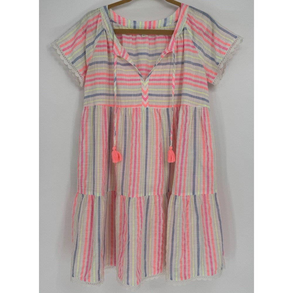 Stark X Multi-Color Stripe Tiered Mini Dress Cotton Tassel Boho Coastal‎ Small
